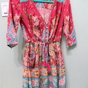 Floral Tie-Waist Midi Dress in Fuchsia Pink